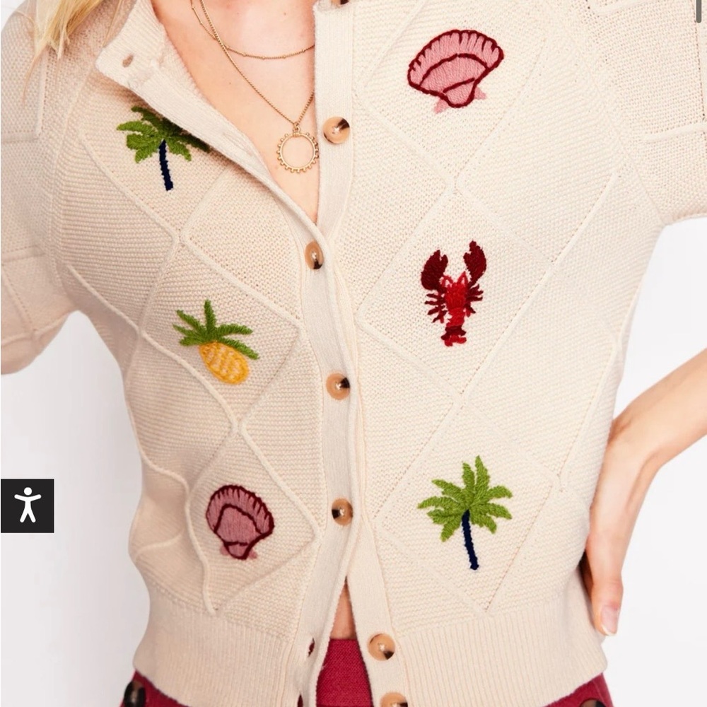 Boden NWT embroidered t shirt cardigan Cream Multicolor Embroidered Motifs Med.